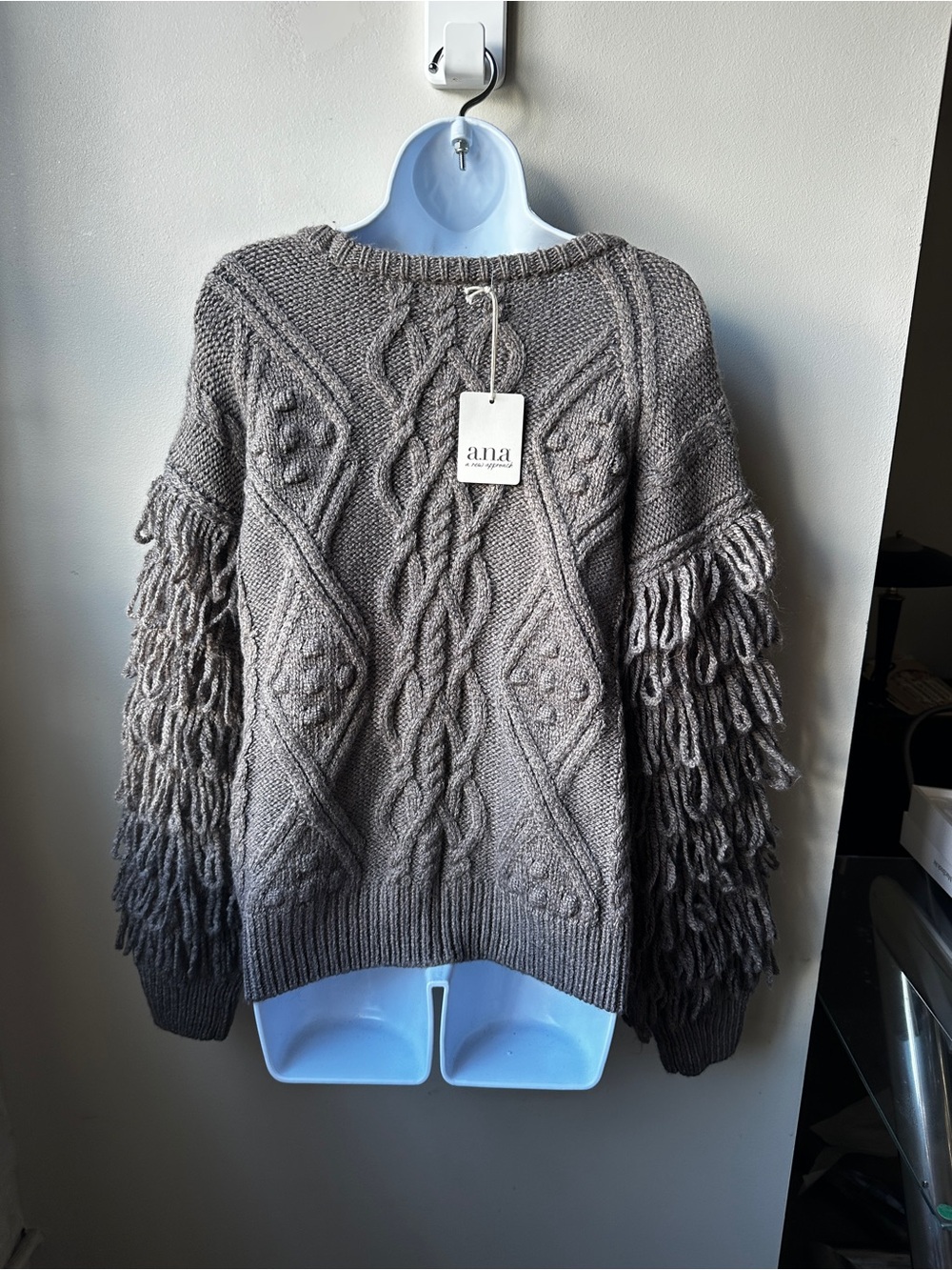 Fringe Grey Cozy Sleeve Cable Knit Sweater Oversized Chunky Boho Statement Pullo - Picture 4 of 6